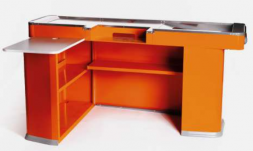 Кассовый бокс,ПРАВЫЙ габариты 1800*1050*865  мм, без транспортера,  узкий накопитель, узкий отбойник, полка в тумбе, универсальный, в цвете RAL 2004, вырез под денежный ящик и диактиватор