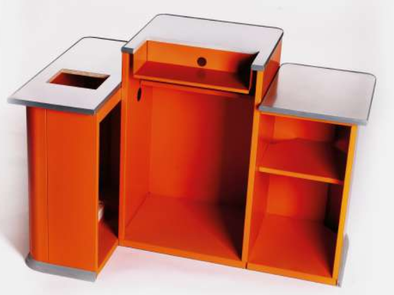 Кассовый бокс 1300 мм, 3 тумбы, лен, все вырезы,ЛЕВЫЙ,оранж